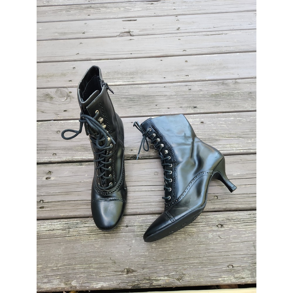 Vintage 90s George Victorian Ankle Boots Black Lace Up Brogue Kitten Heel 10
